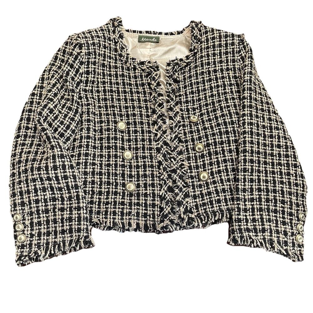 Maude Tweed Jacket Black White Plaid Fringe Open Front Blazer XS/S Preppy Classy